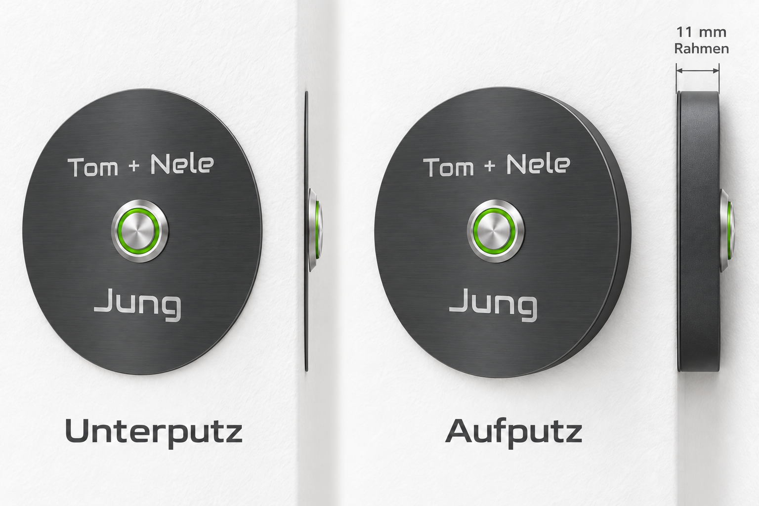 Unterputz- und Aufputzmontage der Türklingel Miami ohne Gravur mit 2-mm-Platte und 11-mm-Rahmen