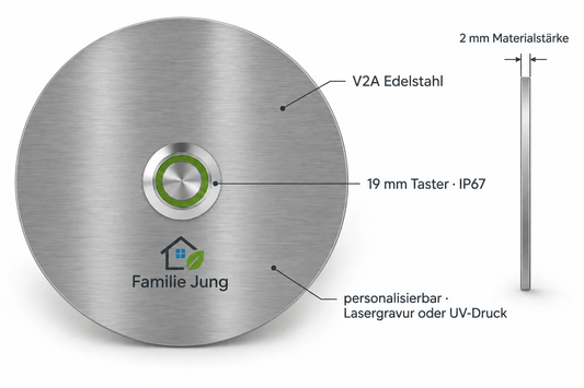 V2A Edelstahl Türklingel Miami mit 19-mm-IP67-Taster, 2-mm-Materialstärke sowie Beispiel für Lasergravur und farbigen UV-Druck