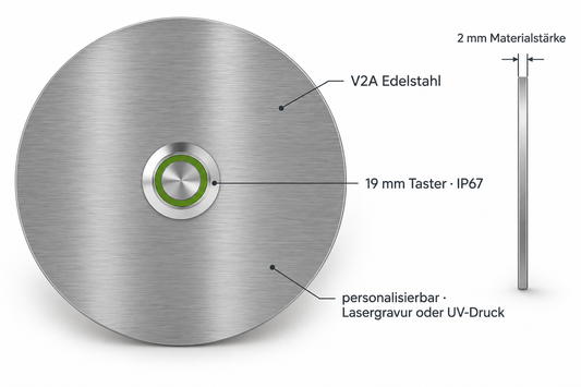 V2A Edelstahl Türklingel Miami mit rundem 19-mm-IP67-Taster, 2-mm-Materialstärke und Personalisierung