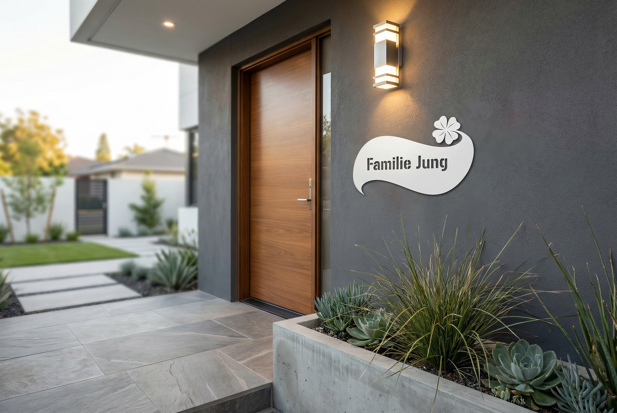 Modernes Glückskleeblatt Türschild aus V2A Edelstahl personalisiert an Designhaustür