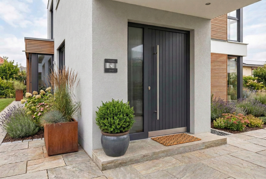 Moderner Hauseingang bei Tageslicht mit dunkler Haustür, Edelstahl-Türgriff und montierter Edelstahl-Türklingel an der Außenwand.