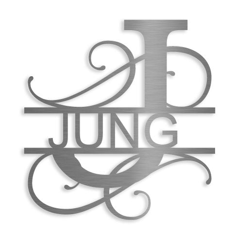 Personalisiertes Monogramm aus V2A Edelstahl – eckige Ausführung mit Name Jung
