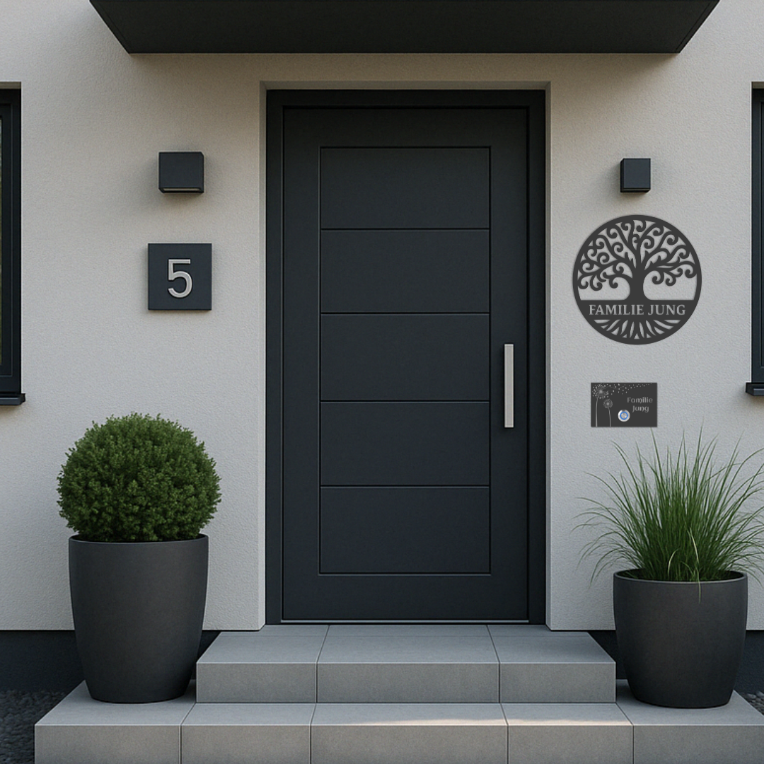 Moodbild: Personalisiertes Edelstahlschild mit Lebensbaum und Schriftzug „Familie Jung“ – aus V2A Edelstahl in Anthrazit, stilvoll montiert neben Haustür und Klingelschild
