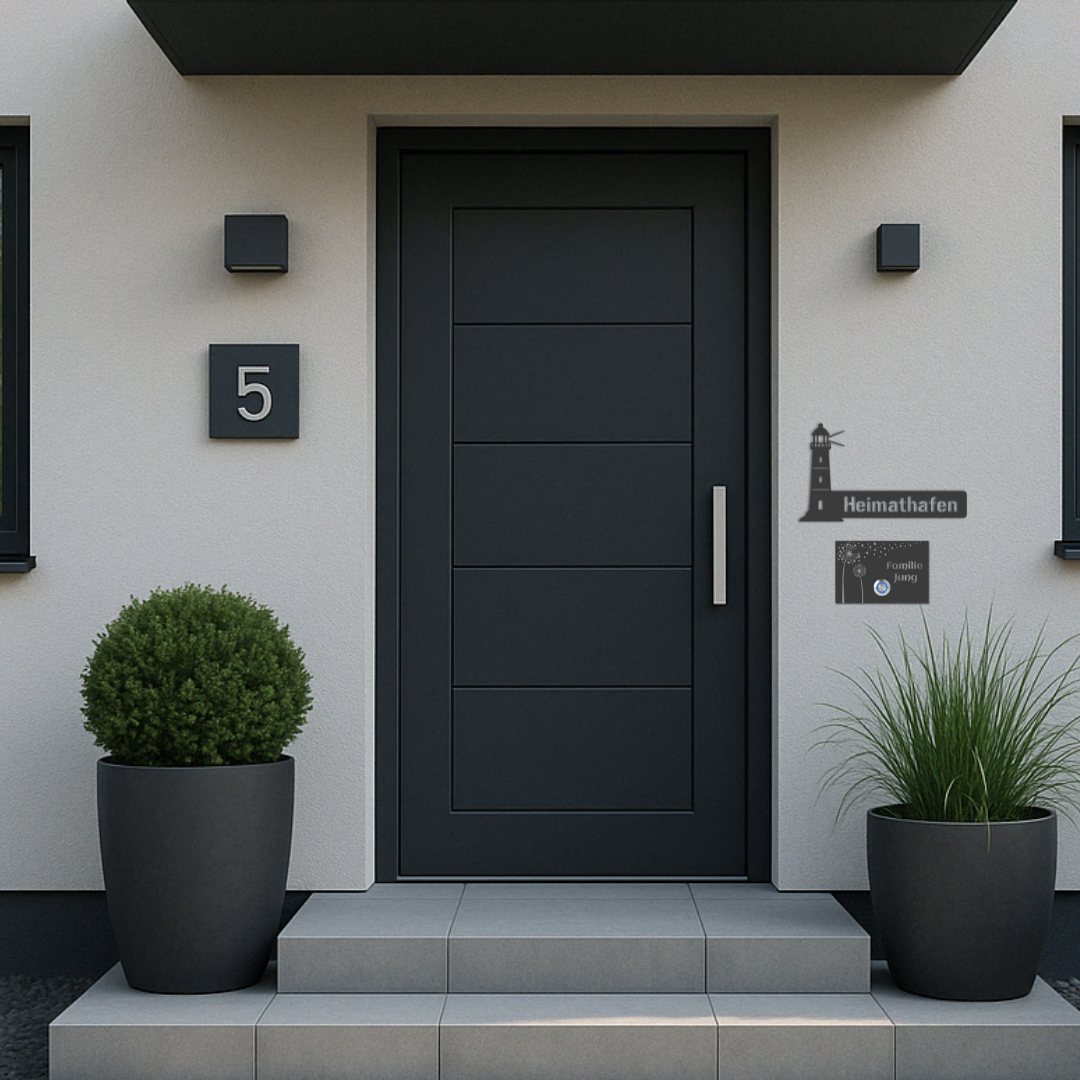 Stimmungsbild eines Hauseingangs mit V2A Edelstahlschild „Heimathafen“ und personalisierter Türklingel – modern montiert an heller Hauswand neben Hausnummer

