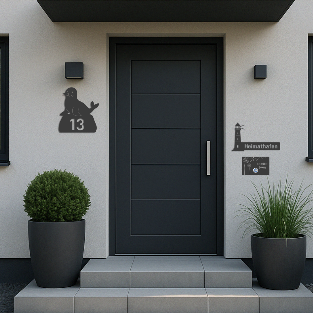 Moodbild: Seehund-Hausnummer, maritimes Schild „Heimathafen“ und personalisierte Türklingel – alle aus V2A Edelstahl, anthrazit pulverbeschichtet – modern montiert an Eingangstür
