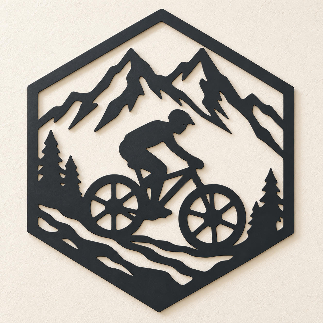 Mountainbike Wanddeko aus 2 mm V2A Edelstahl in Anthrazit – Radfahrer mit Bergen im sechseckigen Rahmen