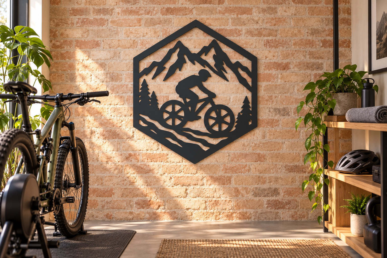 Große Mountainbike Wanddeko in Anthrazit im Fahrradraum an einer hellen Ziegelwand