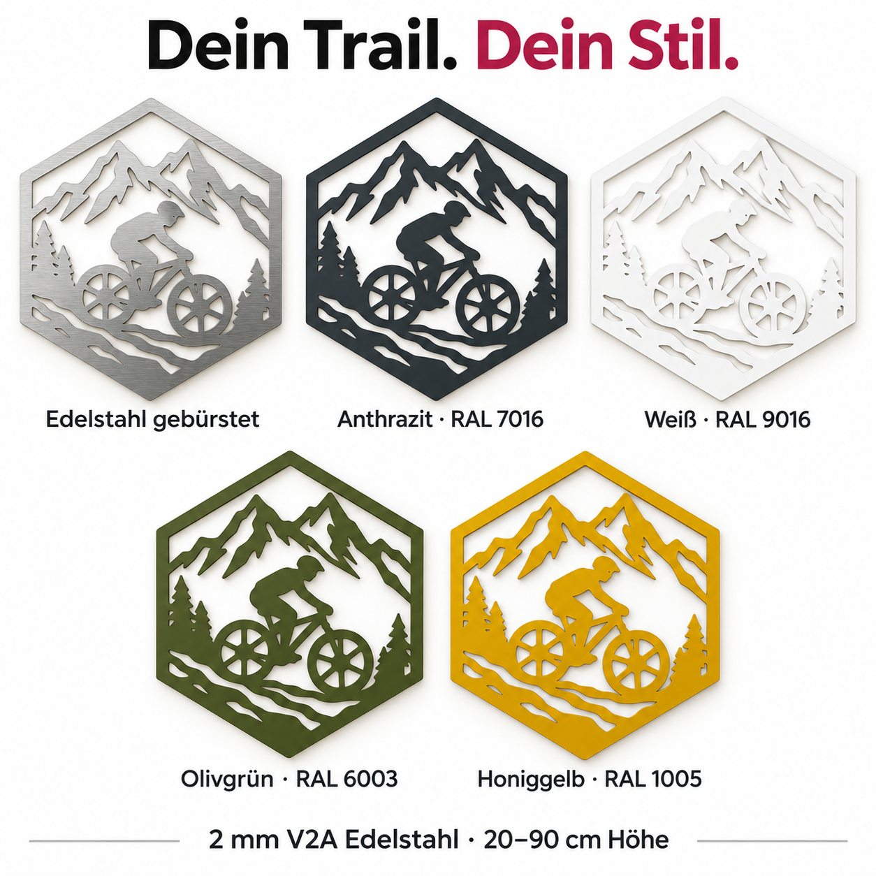 Mountainbike Wanddeko im Sechseck – Edelstahl, Anthrazit, Weiß, Olivgrün und Honiggelb