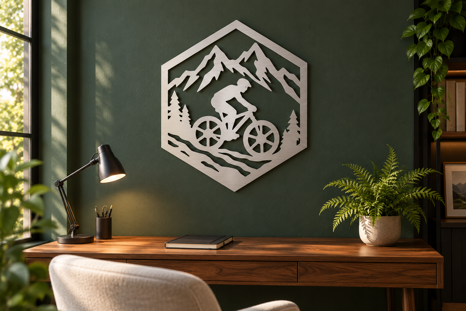 Mountainbike Wanddeko aus gebürstetem Edelstahl im Homeoffice an einer dunkelgrünen Wand