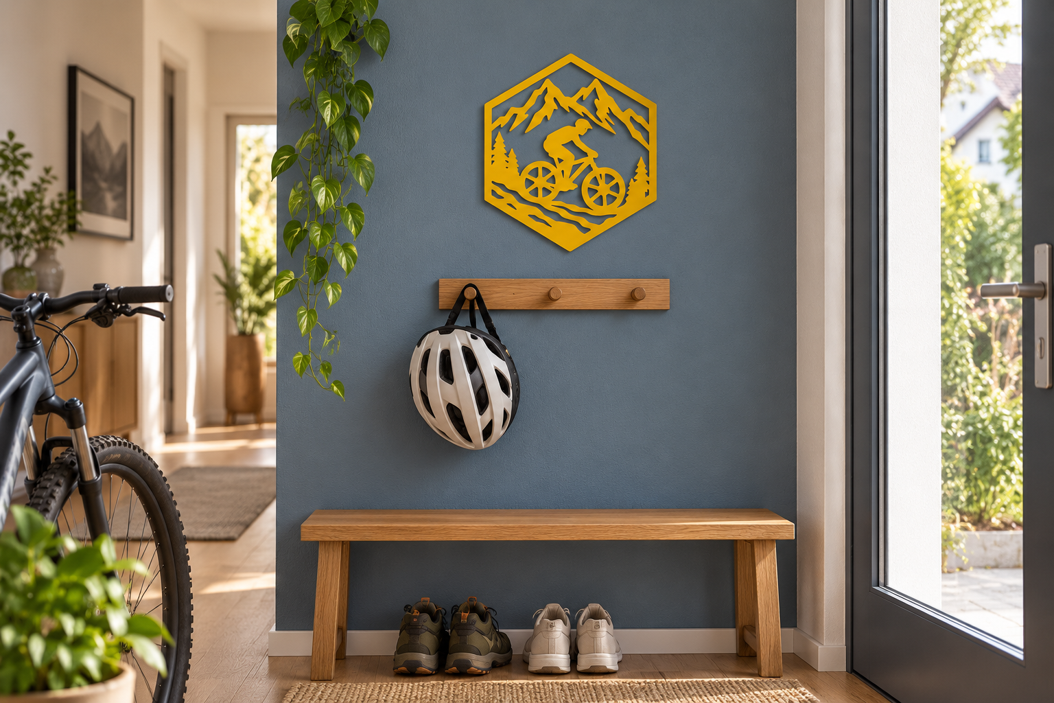 Kleine Mountainbike Wanddeko in Honiggelb im Eingangsbereich neben einem Fahrradhelm