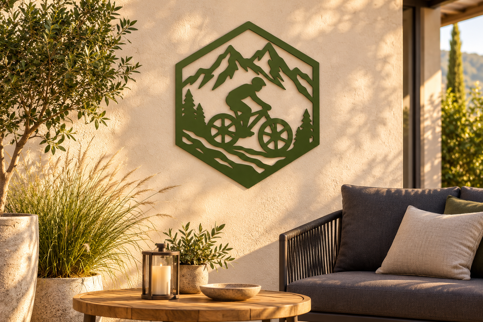 Olivgrüne Mountainbike Wanddeko im Sechseck an einer hellen Terrassenwand