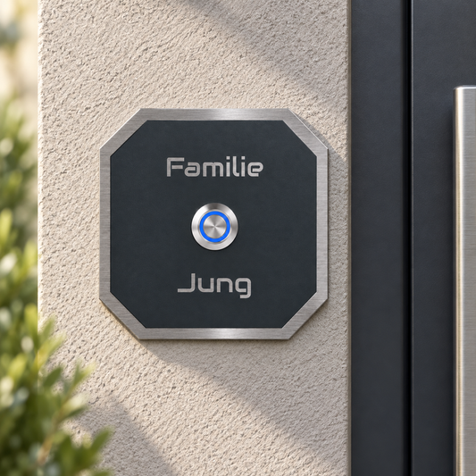 Personalisierte Türklingel Oberhausen in Anthrazit an modernem Hauseingang