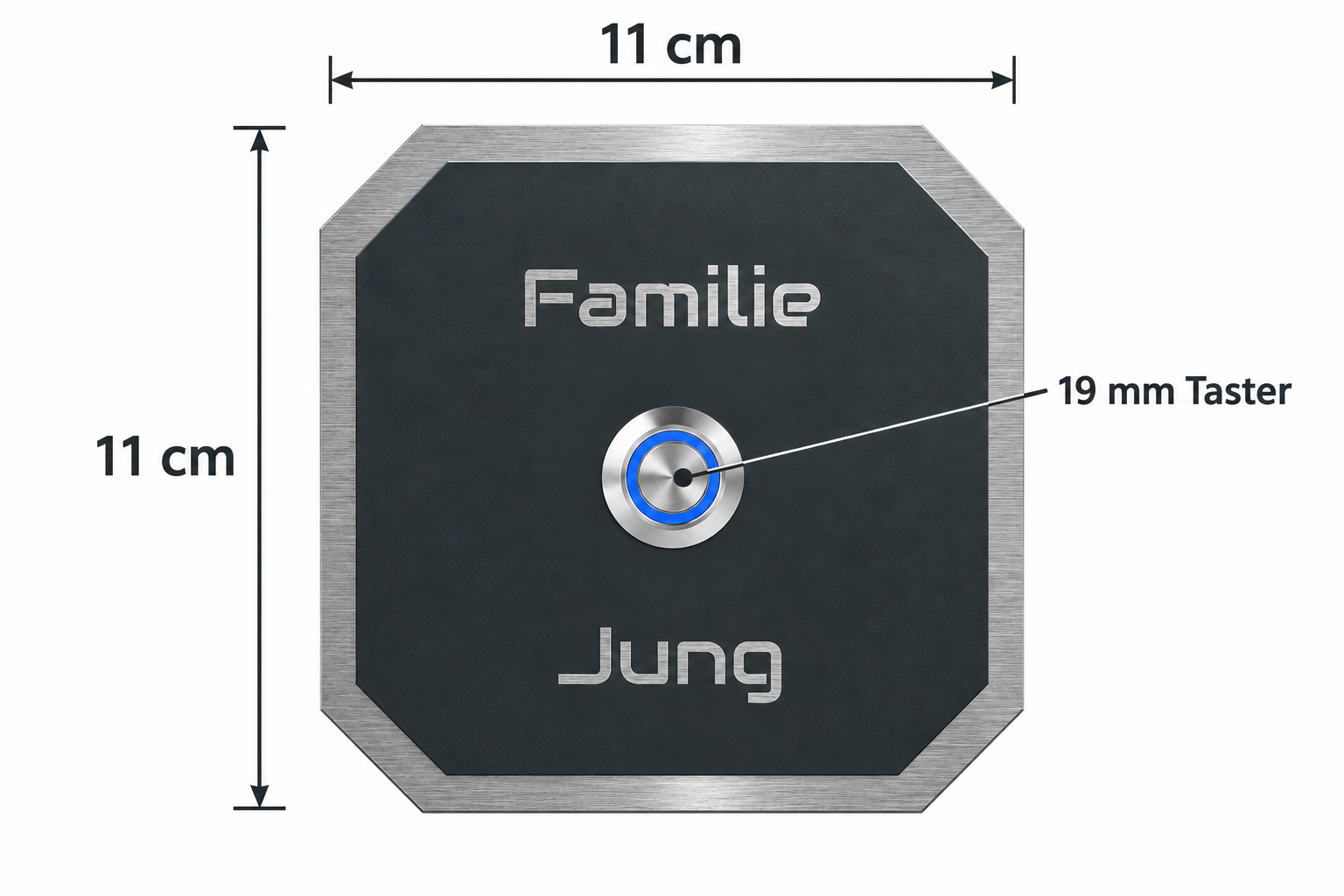 Maße der Türklingel Oberhausen: 11 × 11 cm mit 19-mm-Taster