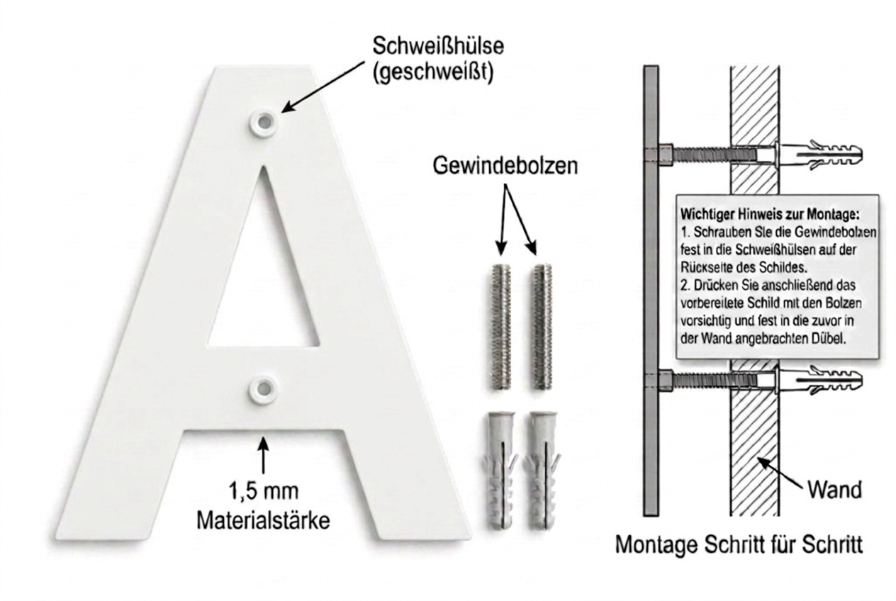 Montage Verkehrsweiss Edelstahlbuchstaben mit Schweisshuelse Gewindebolzen und Duebel