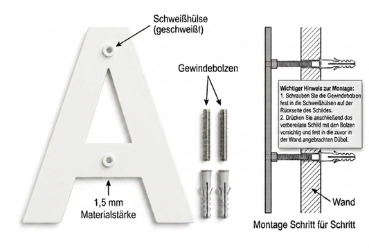 Montage Verkehrsweiss Edelstahlbuchstaben mit Schweisshuelse Gewindebolzen und Duebel