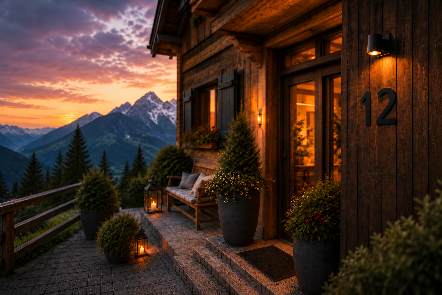 Open-Sans-Edelstahlziffern schwarz matt pulverbeschichtet – Anwendungsbeispiel Hausnummer 12 am Chalet