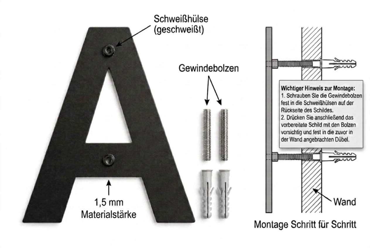 Montage Schwarz Edelstahlbuchstaben mit Schweisshuelse Gewindebolzen und Duebel