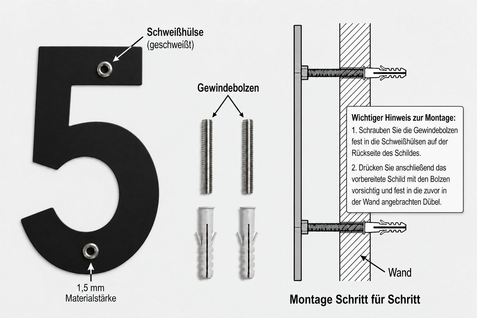 Open-Sans-Edelstahlziffern schwarz matt pulverbeschichtet – Montage mit Schweißhülsen, Gewindebolzen und Dübeln
