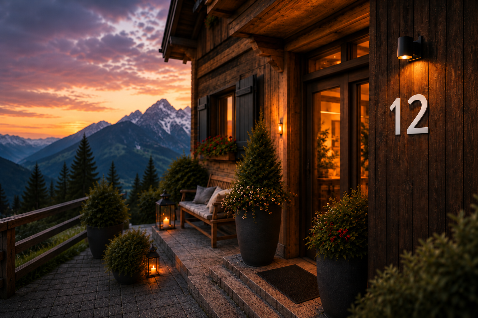 Open-Sans-Edelstahlziffern weiß pulverbeschichtet – Anwendungsbeispiel Hausnummer 12 am Chalet