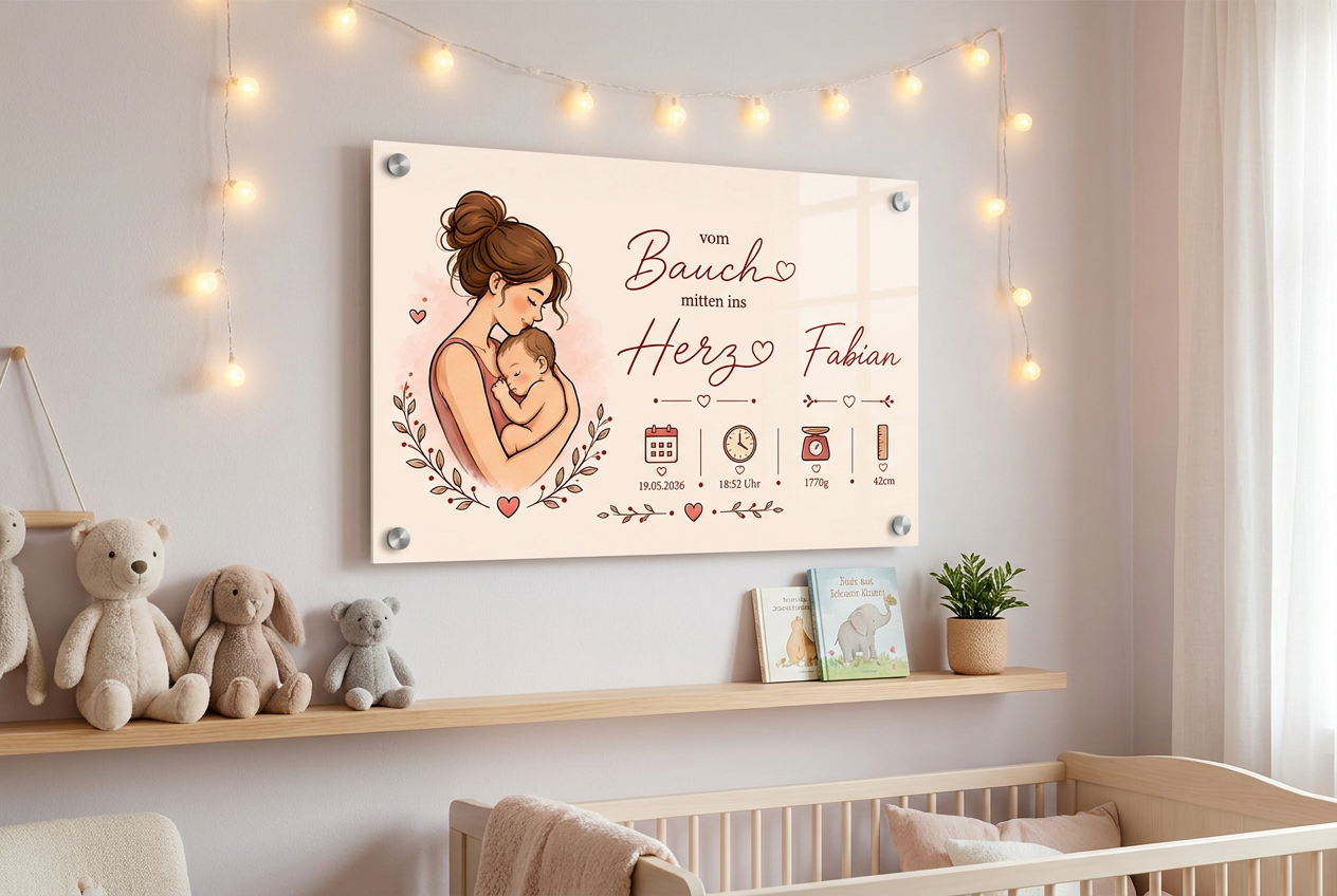 Personalisiertes Acrylschild Mitten ins Herz zur Geburt mit Mutter-Baby-Motiv über dem Babybett