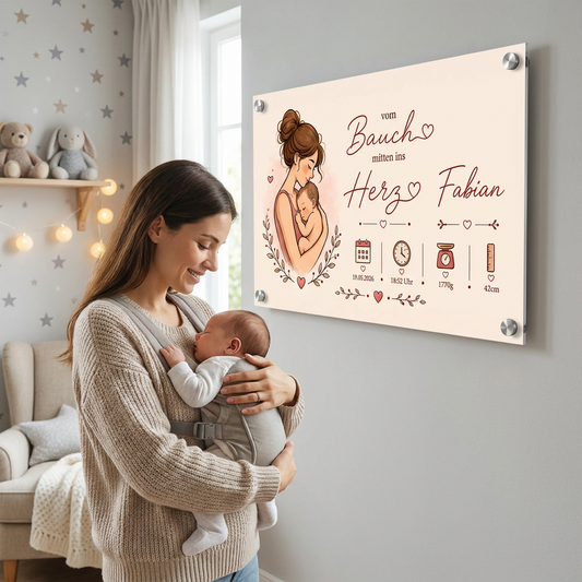 Mutter mit Neugeborenem vor personalisiertem Acrylschild zur Geburt Mitten ins Herz im Kinderzimmer
