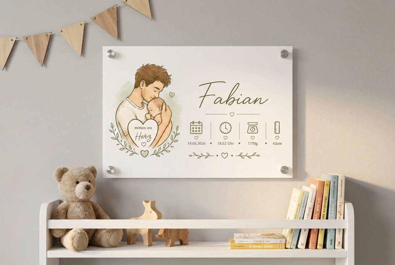 Personalisiertes Acrylschild zur Geburt Mitten ins Herz mit Vater-Baby-Motiv im Kinderzimmer