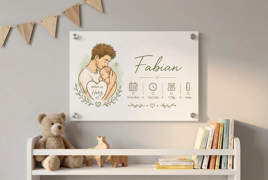 Personalisiertes Acrylschild zur Geburt Mitten ins Herz mit Vater-Baby-Motiv im Kinderzimmer