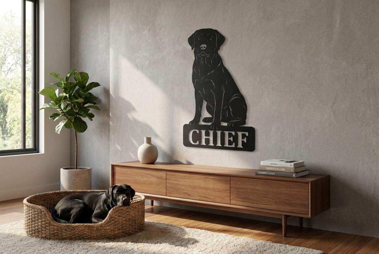 Personalisiertes Labrador Schild Chief in Schwarz als stilvolle Hundewanddeko im Wohnbereich mit Hund