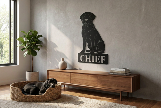 Personalisiertes Labrador Schild Chief in Schwarz als stilvolle Hundewanddeko im Wohnbereich mit Hund