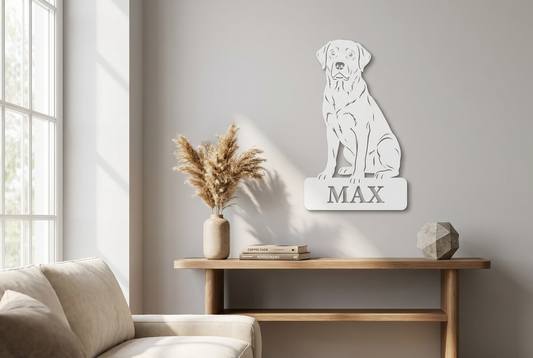 Personalisiertes Labrador Schild Max in Weiß als stilvolle Hundewanddeko für den Wohnbereich