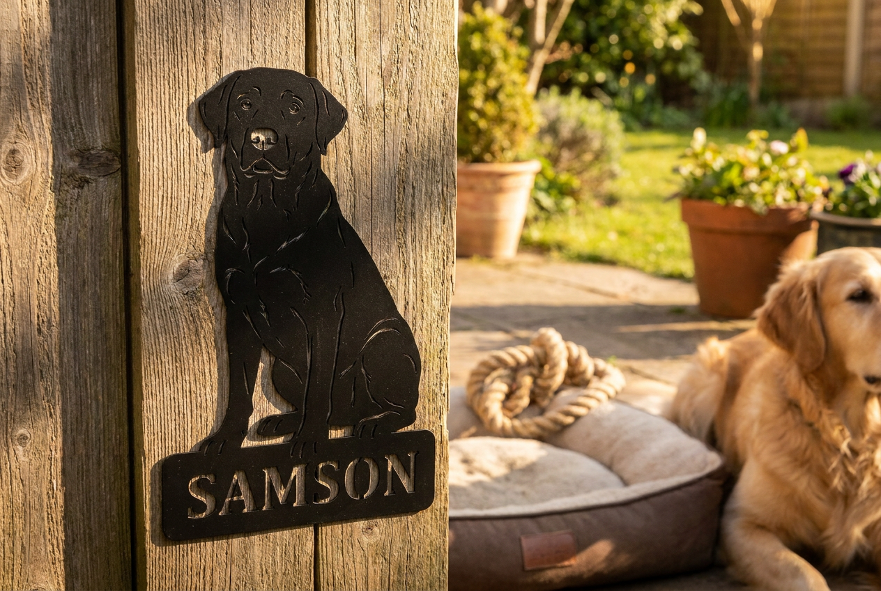 Personalisiertes Labrador Schild Samson in Schwarz als wetterfeste Gartendeko am Holzzaun mit Hundekissen und Hund