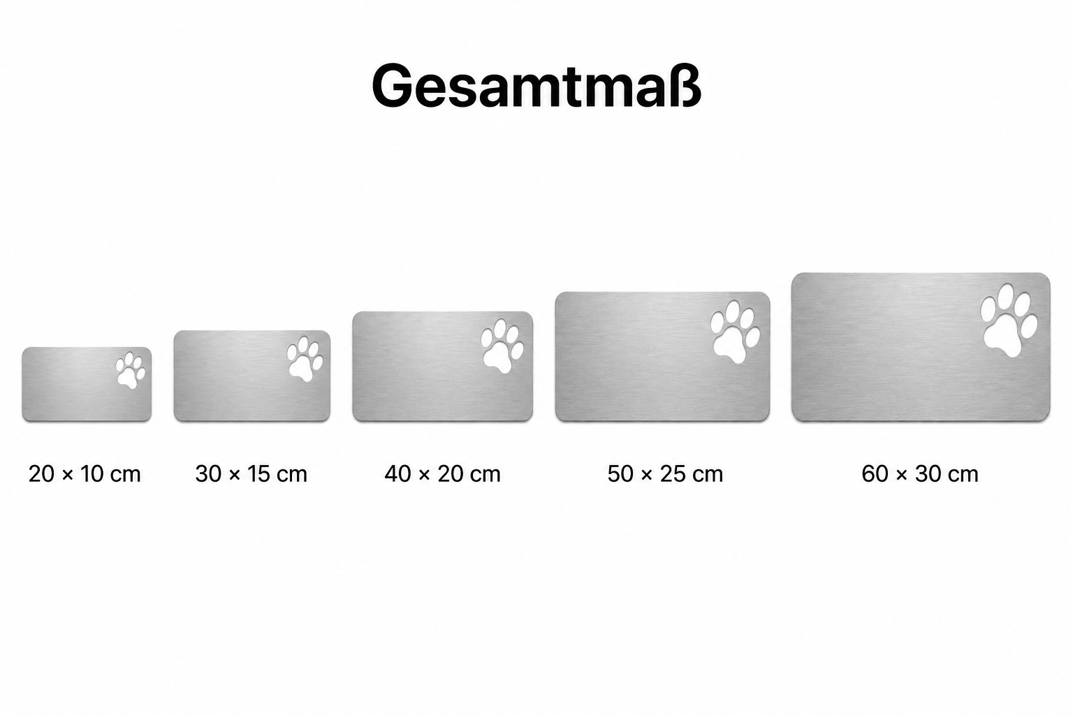 Pfote Größenübersicht 20 × 10 bis 60 × 30 cm – 2:1 Schildform