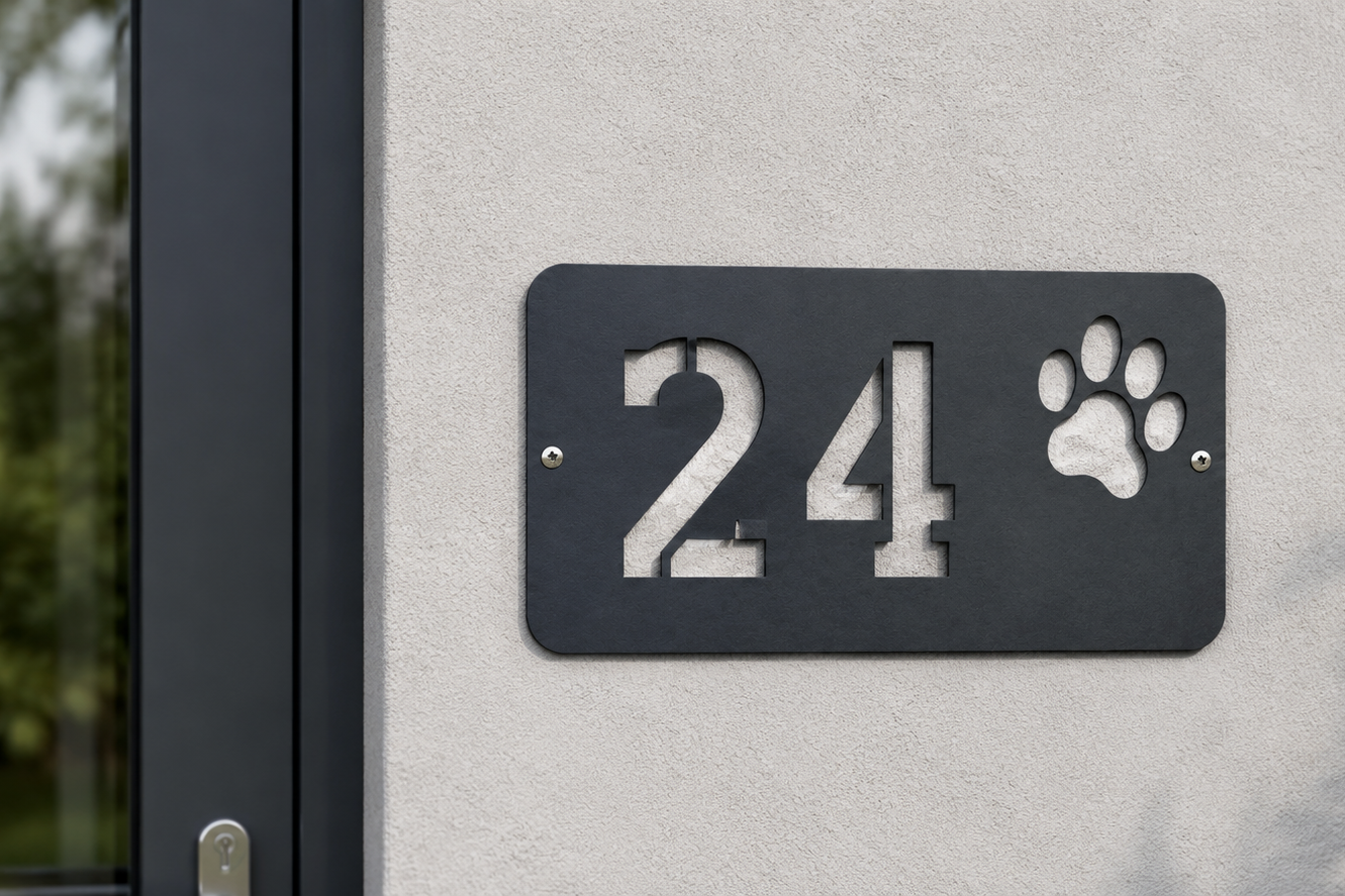 Pfote Lifestyle Anthrazit mit mittigen sichtbaren Edelstahl-Schrauben und ausgelaserter Stencil-Hausnummer 24 – 2:1 Schildform