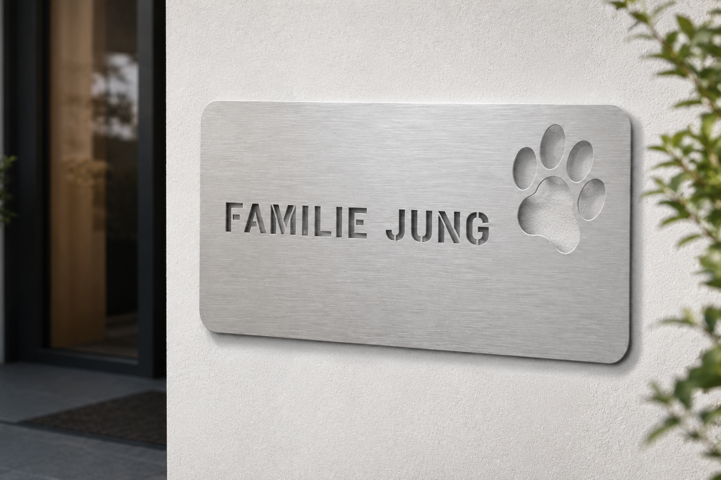Pfote Lifestyle horizontal gebürsteter Edelstahl mit ausgelasertem Stencil-Familiennamen Familie Jung – 2:1 Schildform