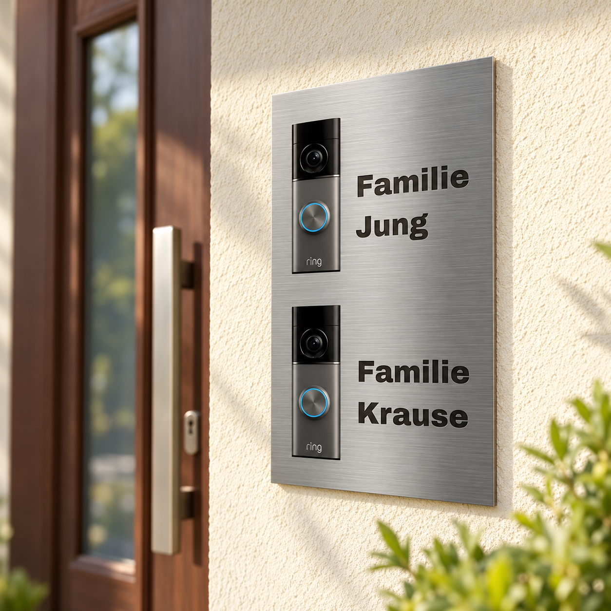 Edelstahl-Dekorschild für zwei Ring Video Doorbells mit Beispielgravuren am Hauseingang