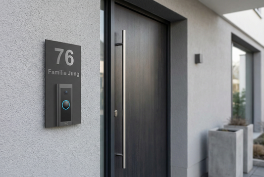 Minimalistischer Eingangsbereich mit Ring Doorbell Wired Edelstahl Dekorschild
