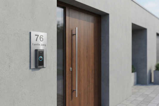 Ring Doorbell Wired Türschild an moderner Haustür montiert - V2A Edelstahl
