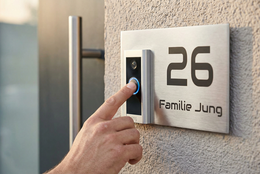 Ring Doorbell Wired Türklingel mit V2A Edelstahl Dekorschild - Nahaufnahme