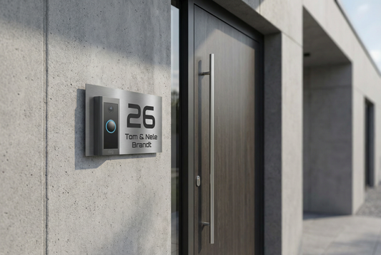 Moderner Hauseingang mit Ring Doorbell Wired V2A Edelstahl Türschild