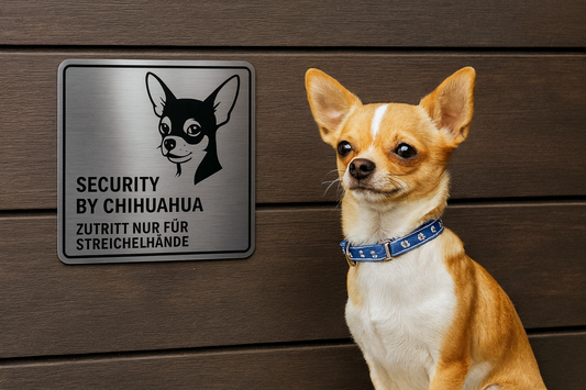 Chihuahua sitzt neben Edelstahlschild Security by Chihuahua an Holzwand