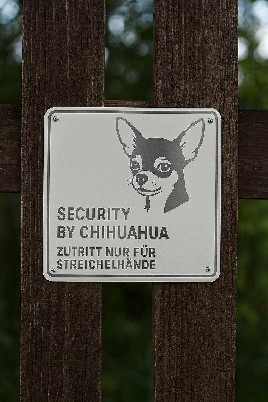 Edelstahlschild Security by Chihuahua am Holzzaun mit Aufschrift Zutritt nur für Streichelhände
