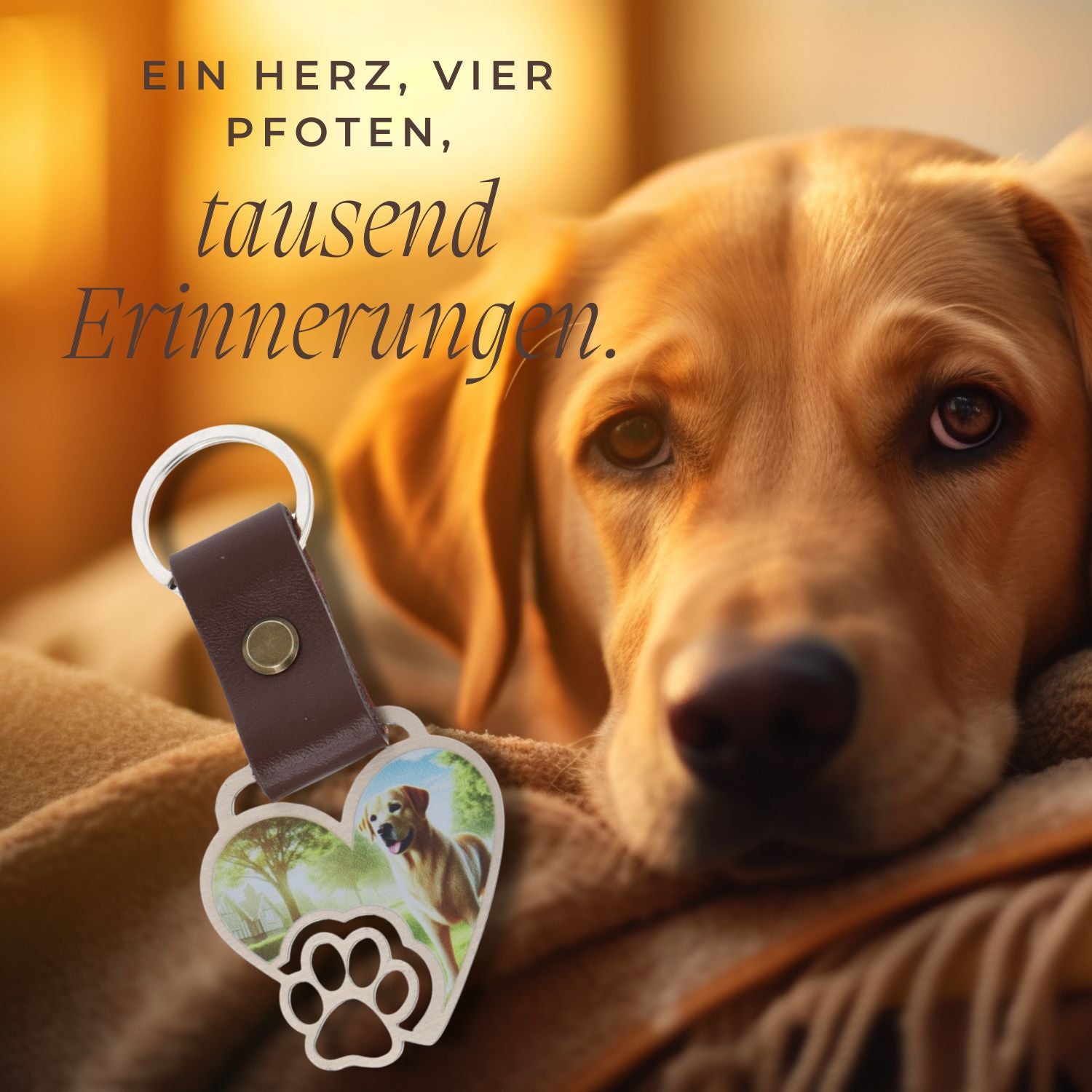 Emotionales Produktbild: Schlüsselanhänger in Herzform mit Pfote und Fotoeinsatz – aus Edelstahl mit Lederband – vor Hund im warmen Licht – Text: Ein Herz, vier Pfoten, tausend Erinnerungen
