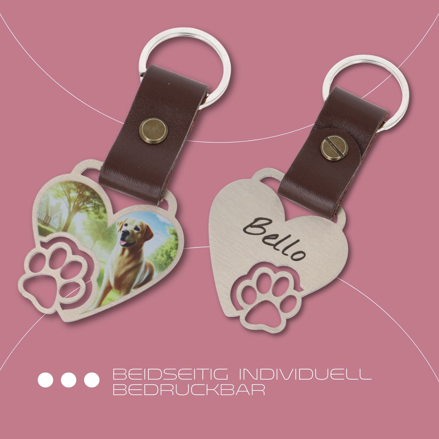 Schlüsselanhänger in Herzform mit Pfote – Vorderseite mit Hunde-Foto, Rückseite mit Name „Bello“ – aus Edelstahl mit braunem Lederband, beidseitig individuell bedruckbar
