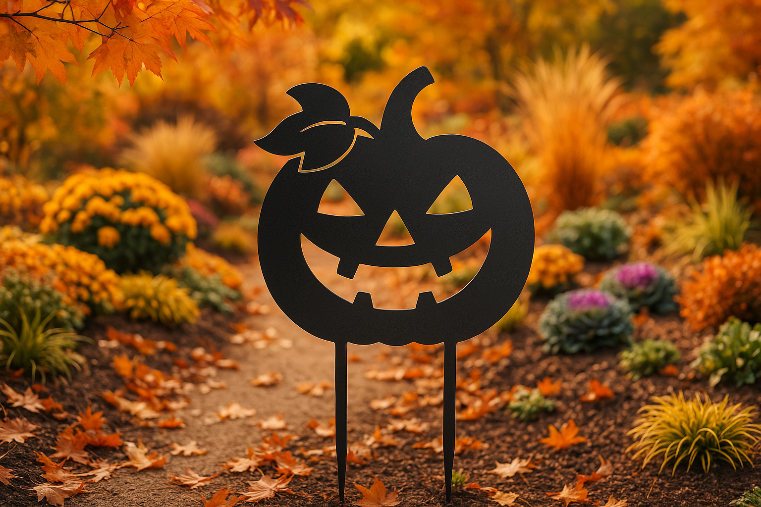 Schwarzer Halloween Kürbis-Gartenstecker in schönem Herbstgarten