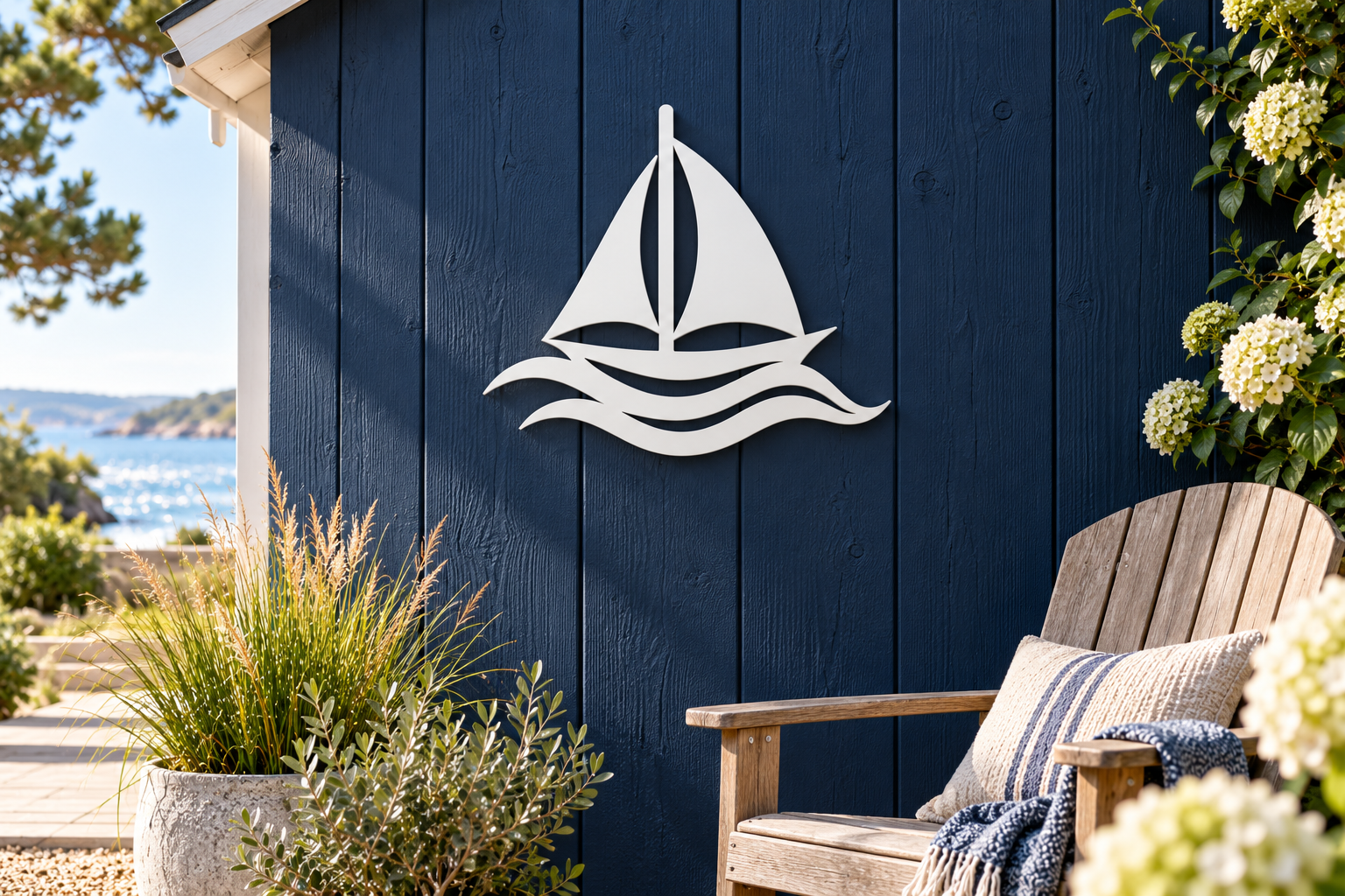 Weiße Segelboot Wanddeko an einem dunkelblauen Gartenhaus mit maritimer Gartengestaltung