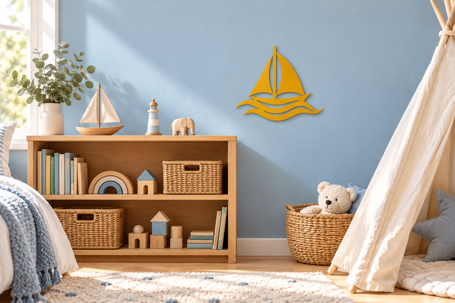Kleine Segelboot Wanddeko in Honiggelb im maritim gestalteten Kinderzimmer