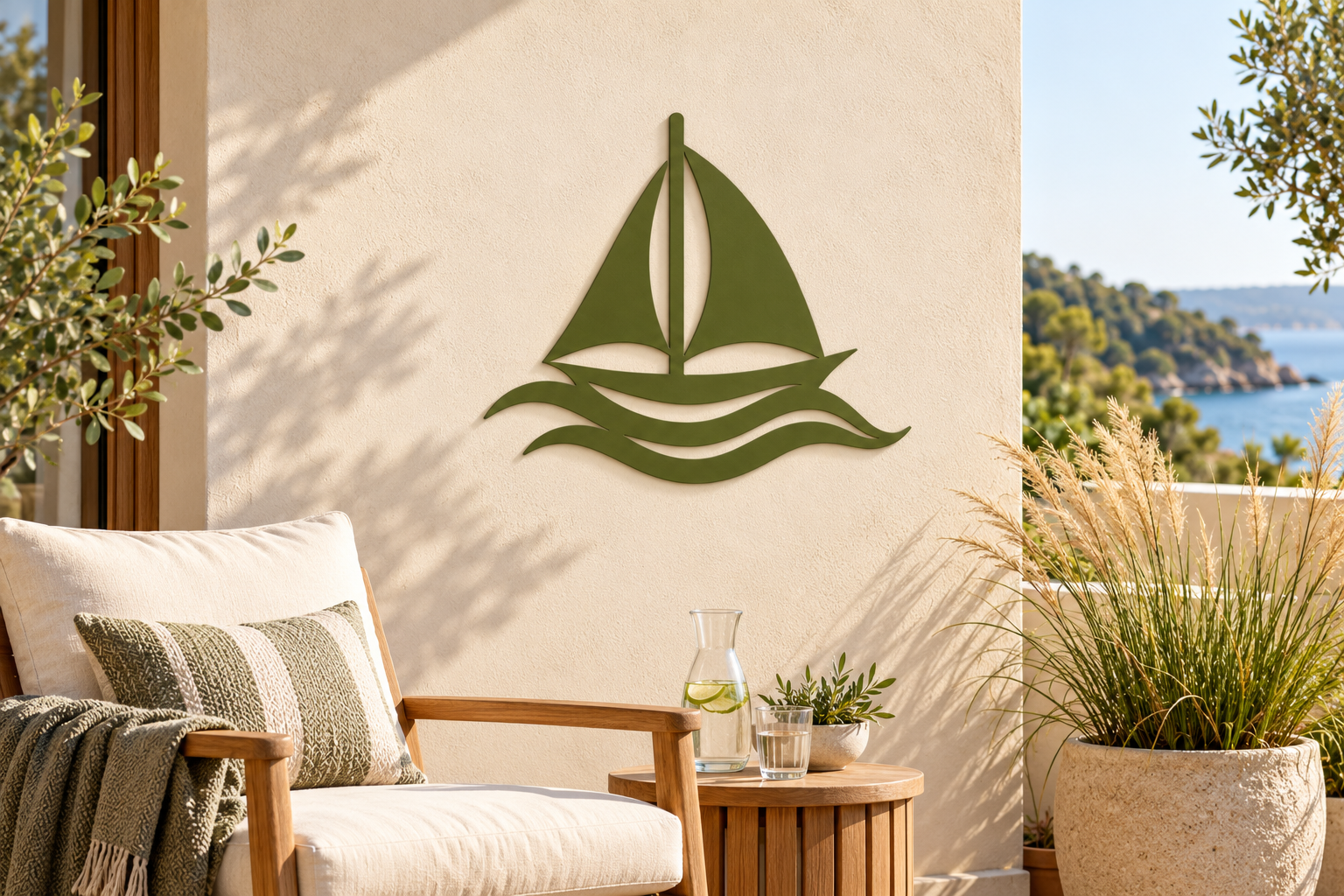 Olivgrüne Segelboot Wanddeko aus Edelstahl an einer hellen Terrassenwand