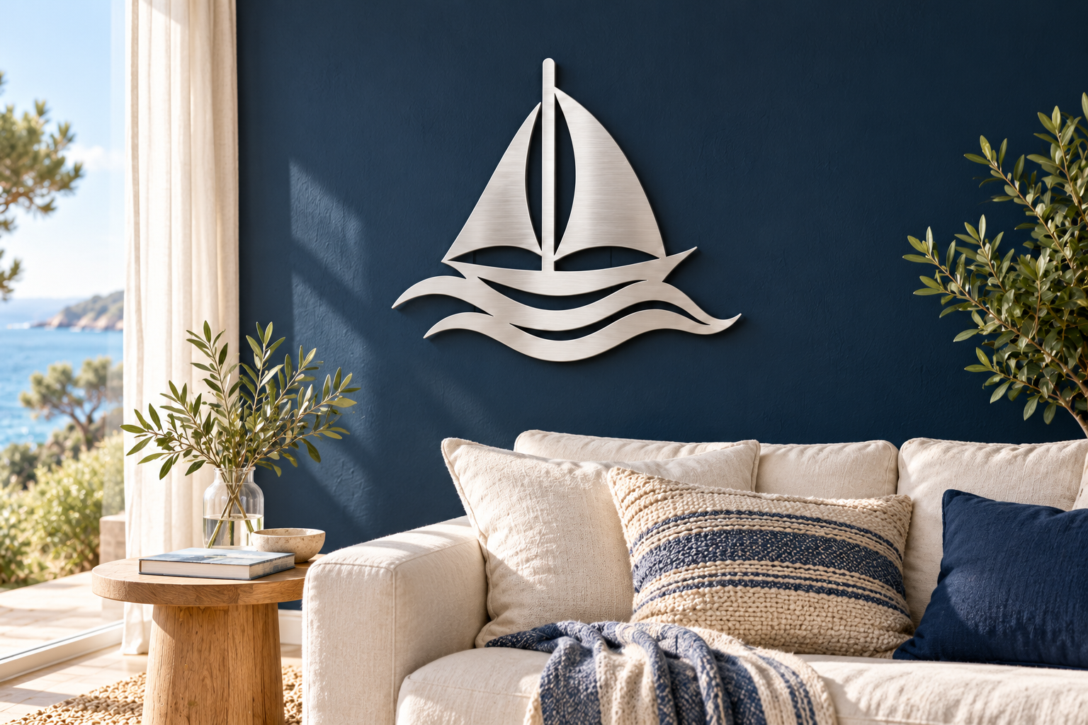 Segelboot Wanddeko aus gebürstetem Edelstahl im maritimen Wohnzimmer an einer dunkelblauen Wand
