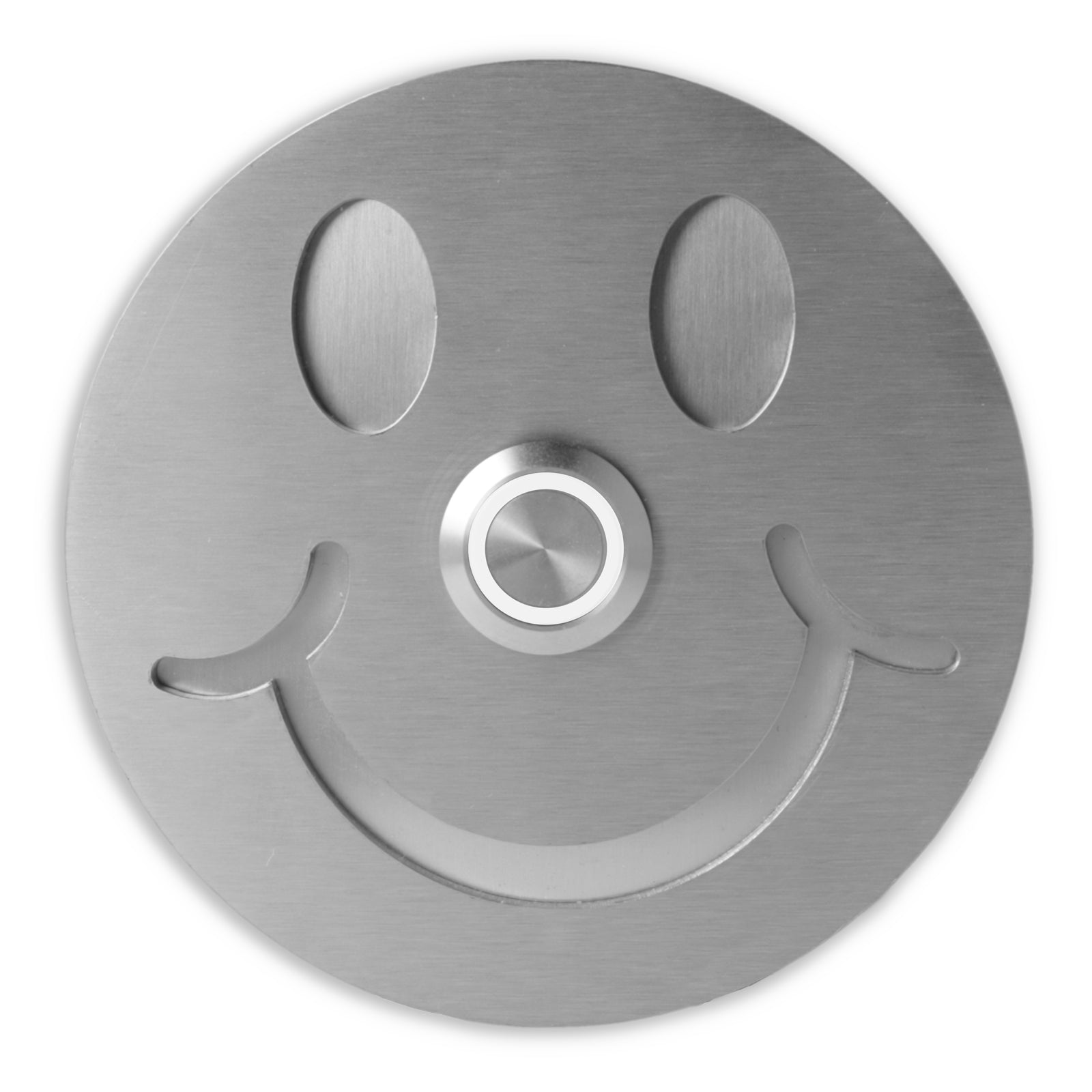 Runde Smiley Türklingel aus gebürstetem Edelstahl mit Augen und Mund aus Edelstahl sowie weiß beleuchtetem Klingeltaster