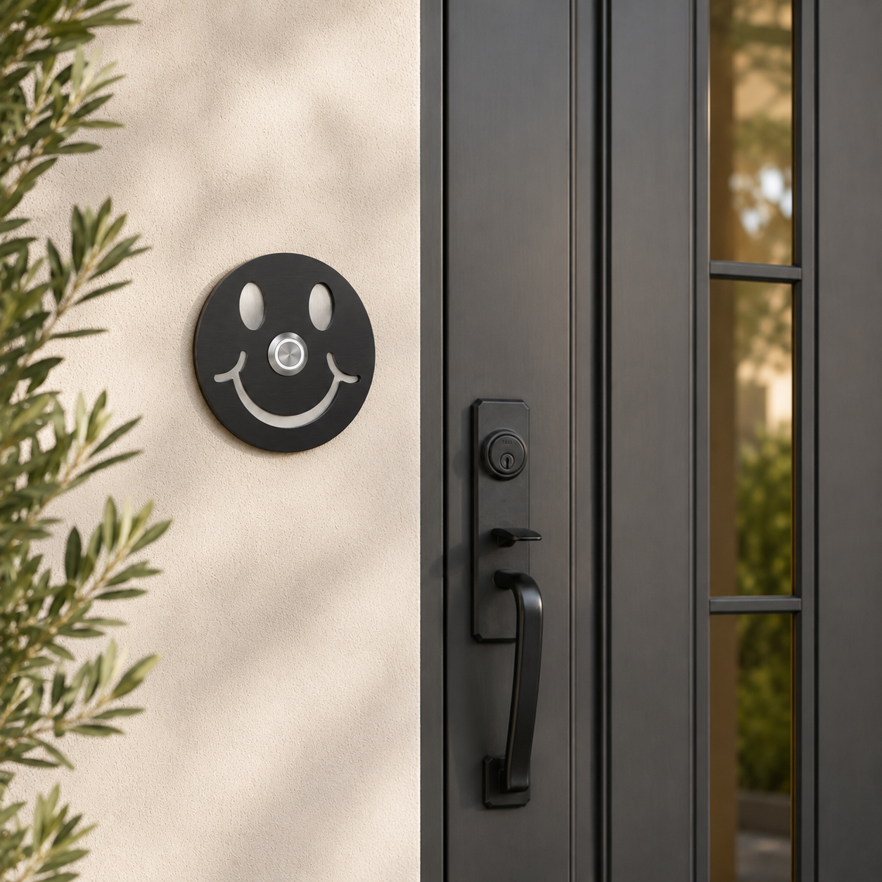 Schwarze runde Smiley Türklingel mit Augen und Mund aus Edelstahl neben einer modernen Haustür